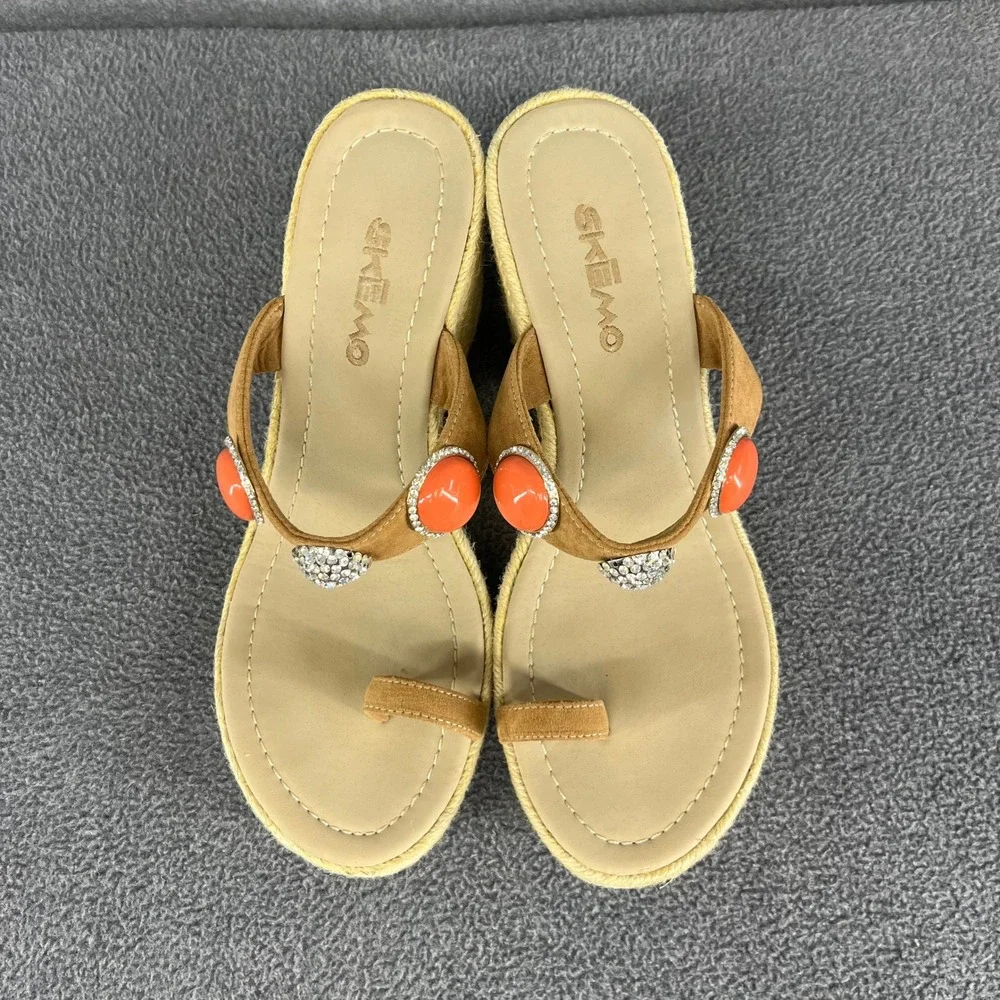 Skemo Wedge Sandals Womens 10‎ Tan Coral Embellished Espadrille Boho Rhinestone